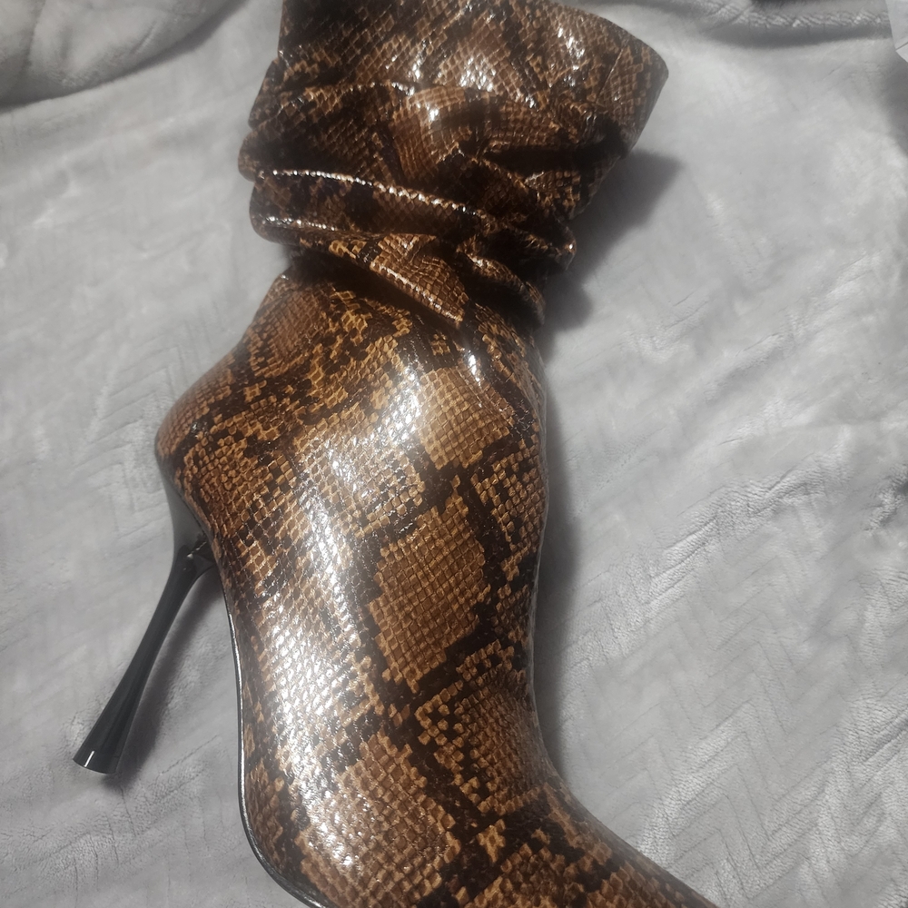 Fashion Nova Brown Snake Print Heeled Boots